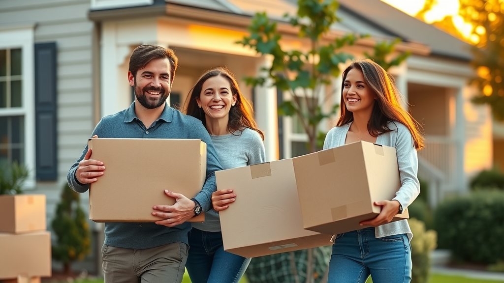 joyful family with keys in hand, moving into new affordable Charlotte NC housing, residential neighborhood, golden hour