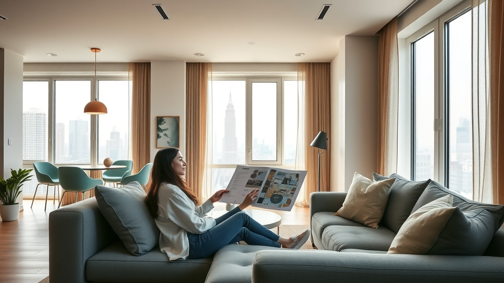 Sleek modern apartment interior with city views, couple reviewing Charlotte apartment floor plans in a cozy setting