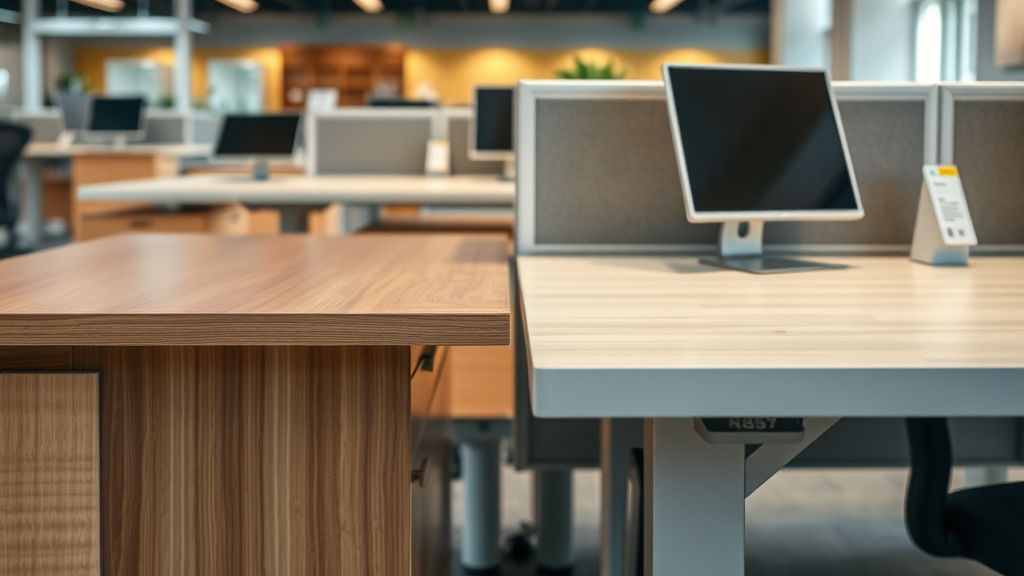 Side by side of new and pre-owned office furniture at Cort Furniture Outlet Watertown CT