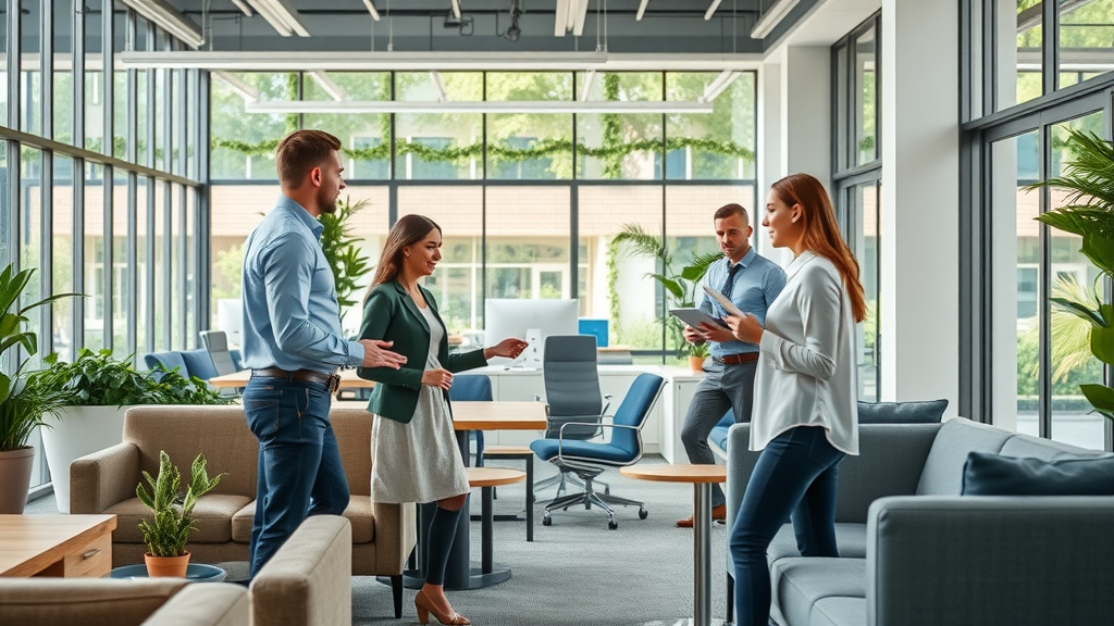 Professionals discussing preowned office furniture in a Cheshire CT office furniture showroom with natural lighting and greenery.