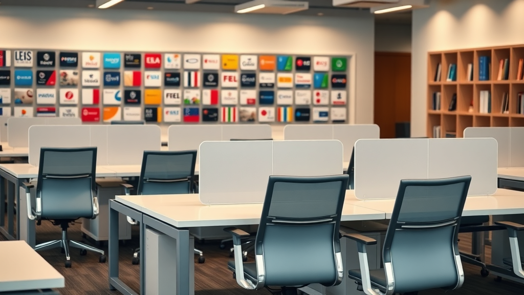 Sleek refurbished desks and ergonomic chairs in a Cheshire CT contemporary office showing various office furniture brands.
