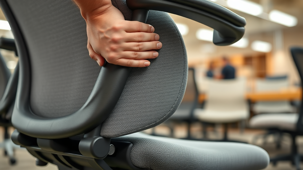 Inspecting ergonomic task chair for quality and durability in New Haven CT used office furniture store