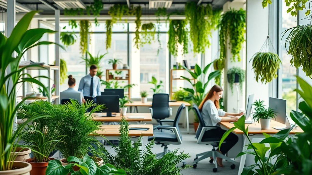 Sustainable workspace with reused office furniture and abundant greenery in New Haven CT office