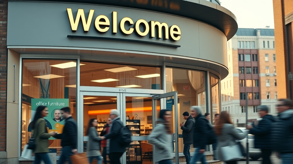 Welcoming New Haven CT used office furniture store with signage and customers entering