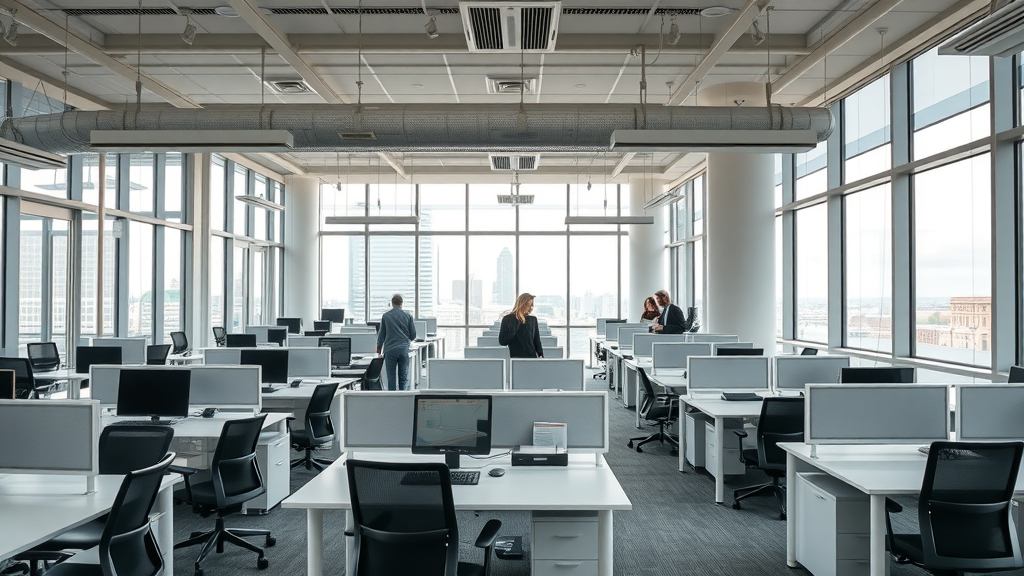 modern office showroom showcasing a variety of high-quality used office desks and chairs in Stamford CT, with people browsing and a clean, bright interior