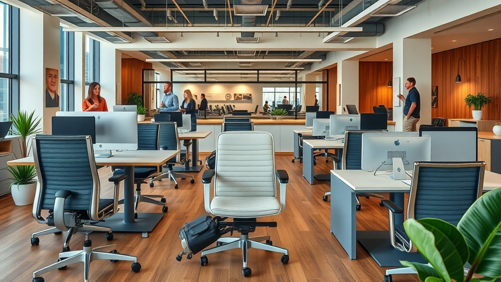 stylish ergonomic office chairs and executive desks at a Stamford CT modern office furniture showroom with customers exploring products