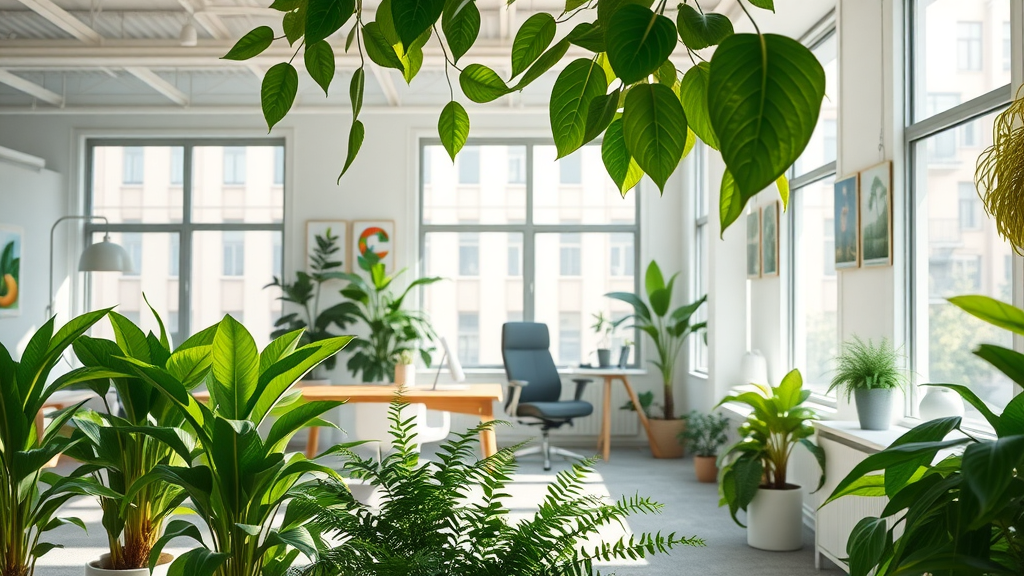 eco-friendly Stamford CT office environment with recycled and refurbished furniture, green plants, and large sunlit windows