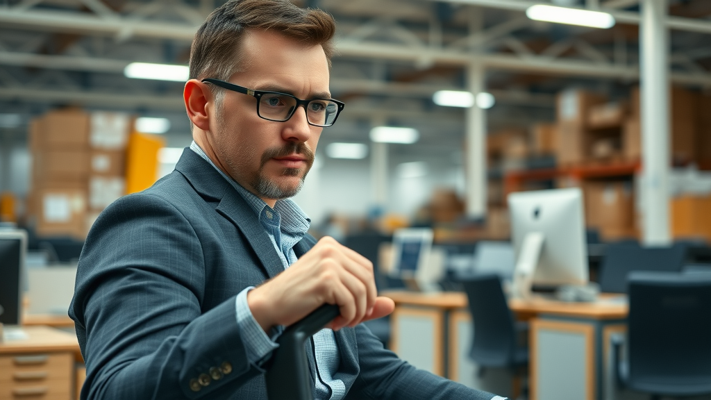 professional inspecting used office chair for condition and ergonomic features in Stamford CT, inside an organized office warehouse