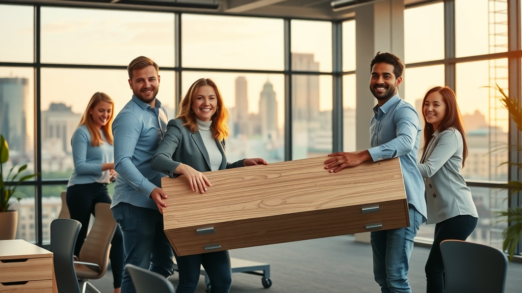 diverse business team arranging newly delivered used office furniture in Stamford CT against a modern skyline background