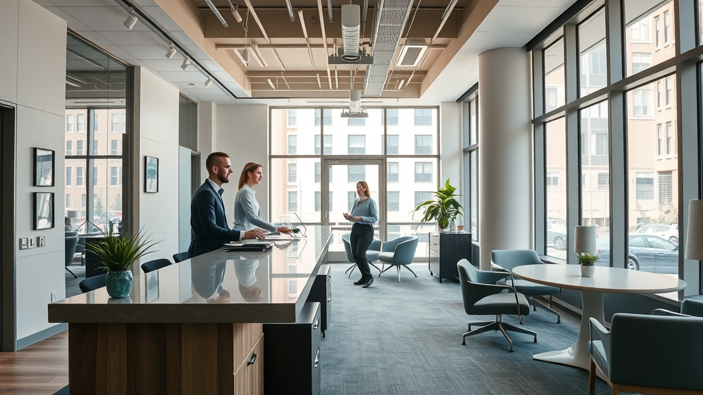 upscale office reception in Stamford CT with modern used office furniture and friendly staff, bright city street visible through windows