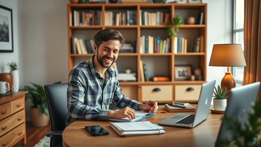 tasteful home office blending vintage and modern furniture, person arranging items on a desk, satisfied and focused, Photorealistic High Fidelity Lifelike, bookshelf and cozy lamp in background, highly detailed, notebook and potted plant accents, warm earth tones, soft diffused lighting, home goods