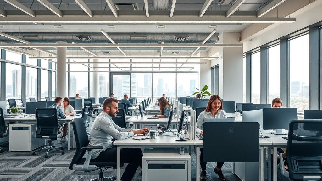 Modern office space filled with high-end used desks and ergonomic chairs in Fairfield CT, employees collaborating, bright natural lighting - used office furniture Fairfield CT