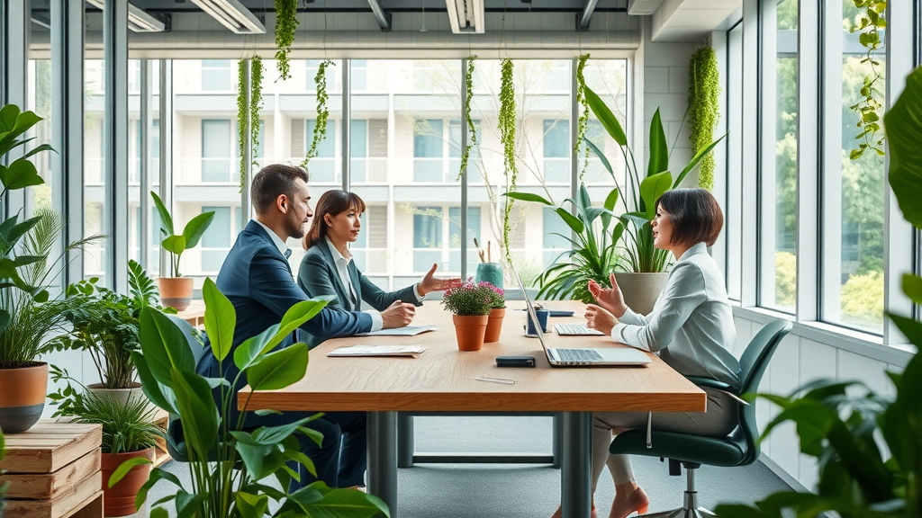 Eco-friendly modern office with recycled used furniture and green accents in Fairfield CT workspace - used office furniture Fairfield CT