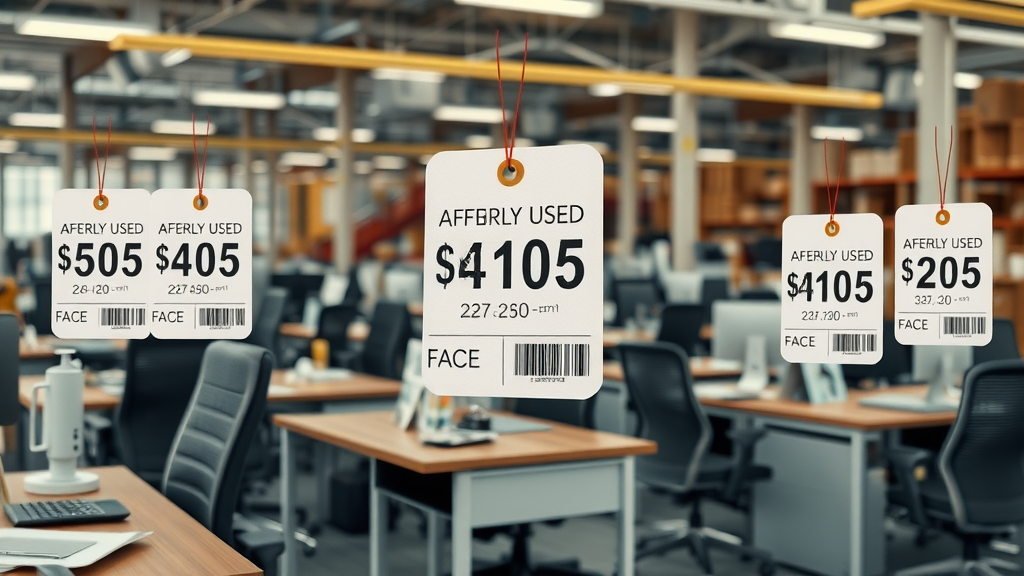 Price tags and affordable pricing comparisons on used office desks and chairs in Fairfield CT showroom - used office furniture Fairfield CT