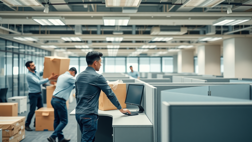 Professional office installation team setting up used workstations and cubicles in Fairfield CT office - used office furniture Fairfield CT