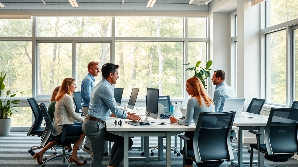 Bright modern office with quality used office furniture New Canaan CT, collaborative meeting, sunlit workspace, leafy background