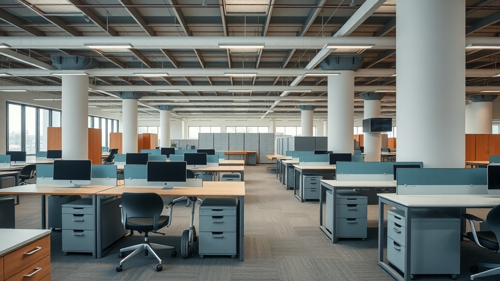 Used office desks and file cabinets in contemporary showroom, clean and organized in New Canaan CT