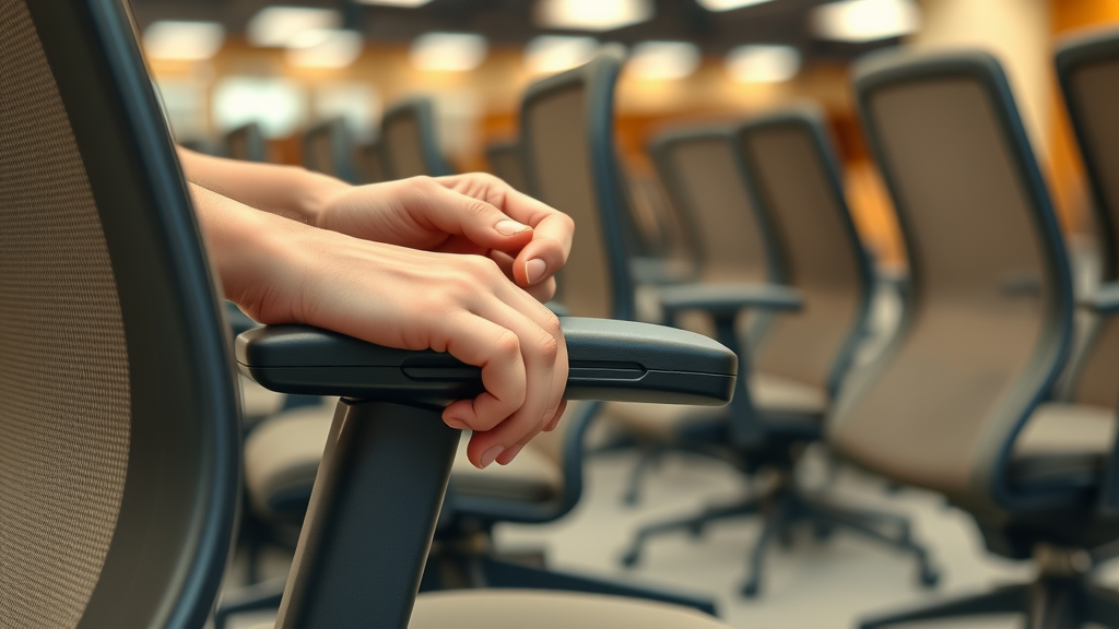 Close-up of hands checking adjustable task chair mechanism in used office furniture New Canaan CT store